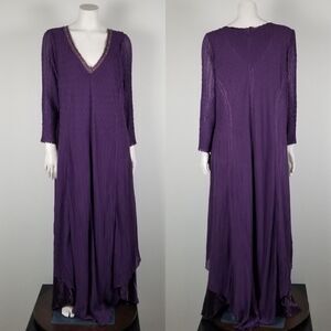 Komarov Purple Bohemian Plisse Lagenlook Beaded V-Neck Maxi Layer Dress Size 3X